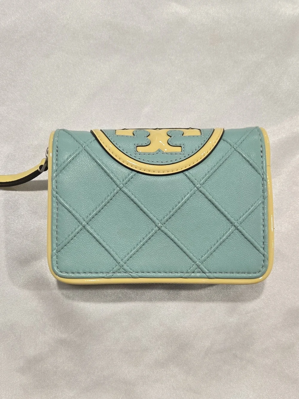 Tory Burch Quilted Aqua Leather Wristlet with Yellow Trim EUC